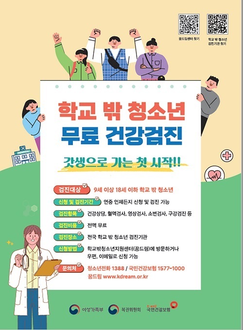 학교 밖 청소년 대상 무료 건강검진…3년마다 한 번씩 학교 밖 청소년 대상 무료 건강검진…3년마다 한 번씩