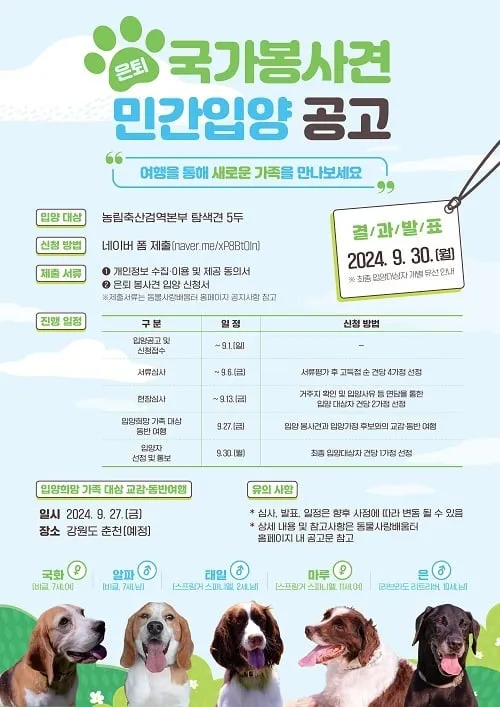 ‘개는 쏠로!’ 국가 봉사동물을 가족으로 맞이하고 함께 여행가세요! ‘개는 쏠로!’ 국가 봉사동물을 가족으로 맞이하고 함께 여행가세요!